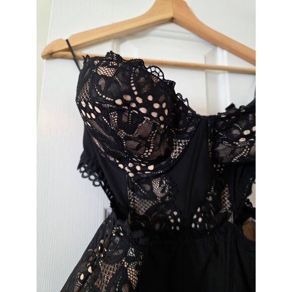 Victoria Secret Black Corset Boned Basque Cut Out Lace Up Push Up Sexy 36D - Picture 3 of 9